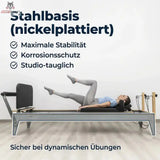 Hegren Jumpboard LEGATO am Reformer mit vernickelter Basis, Frau in Rückenlage