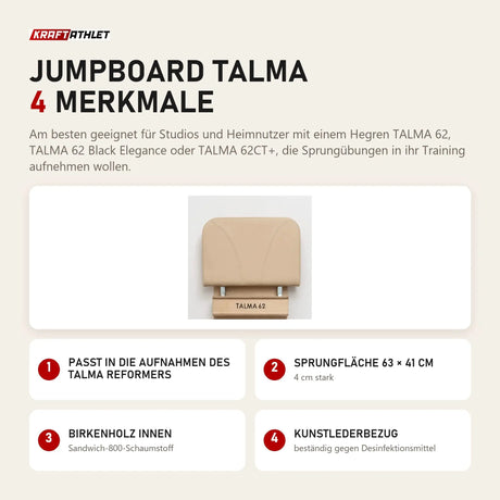 Hegren Jumpboard TALMA mit 4 Merkmalen: Passt in die Aufnahmen des TALMA Reformers, Sprungfläche 63 × 41 cm, Birkenholz innen, Kunstlederbezug