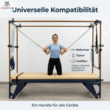 Hegren Leder-Holz-Griffe, Frau kniend im Cadillac mit Grafik zu Reformer, Tower und Cadillac