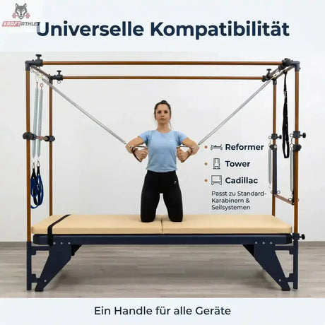 Hegren Leder-Holz-Griffe, Frau kniend im Cadillac mit Grafik zu Reformer, Tower und Cadillac