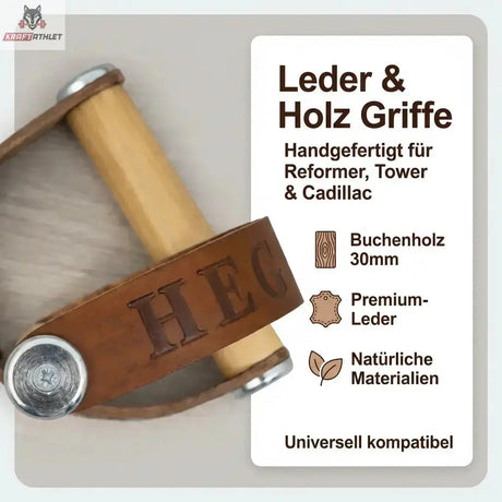 Hegren Leder-Holz-Griffe, Detailfoto mit Infotafel zu Buchenholz, Leder und Kompatibilität