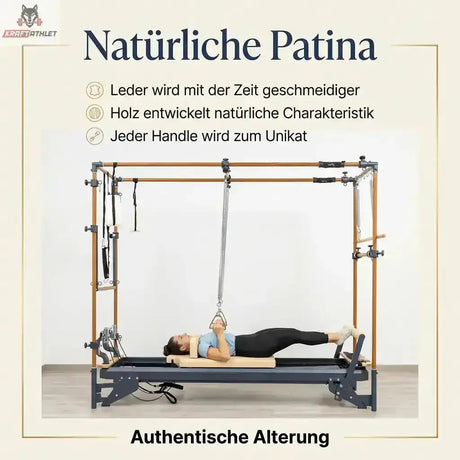 Hegren Leder-Holz-Griffe, Übung liegend im Cadillac mit Grafik zur Patina von Leder und Holz