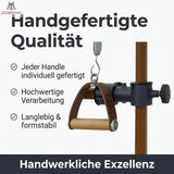 Hegren Leder-Holz-Griffe, Griff am Karabiner eines Holzturms mit Hinweisen zur Verarbeitung