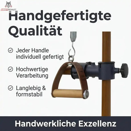 Hegren Leder-Holz-Griffe, Griff am Karabiner eines Holzturms mit Hinweisen zur Verarbeitung