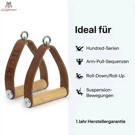 Hegren Leder-Holz-Griffe, Griffpaar freigestellt mit Liste passender Übungen