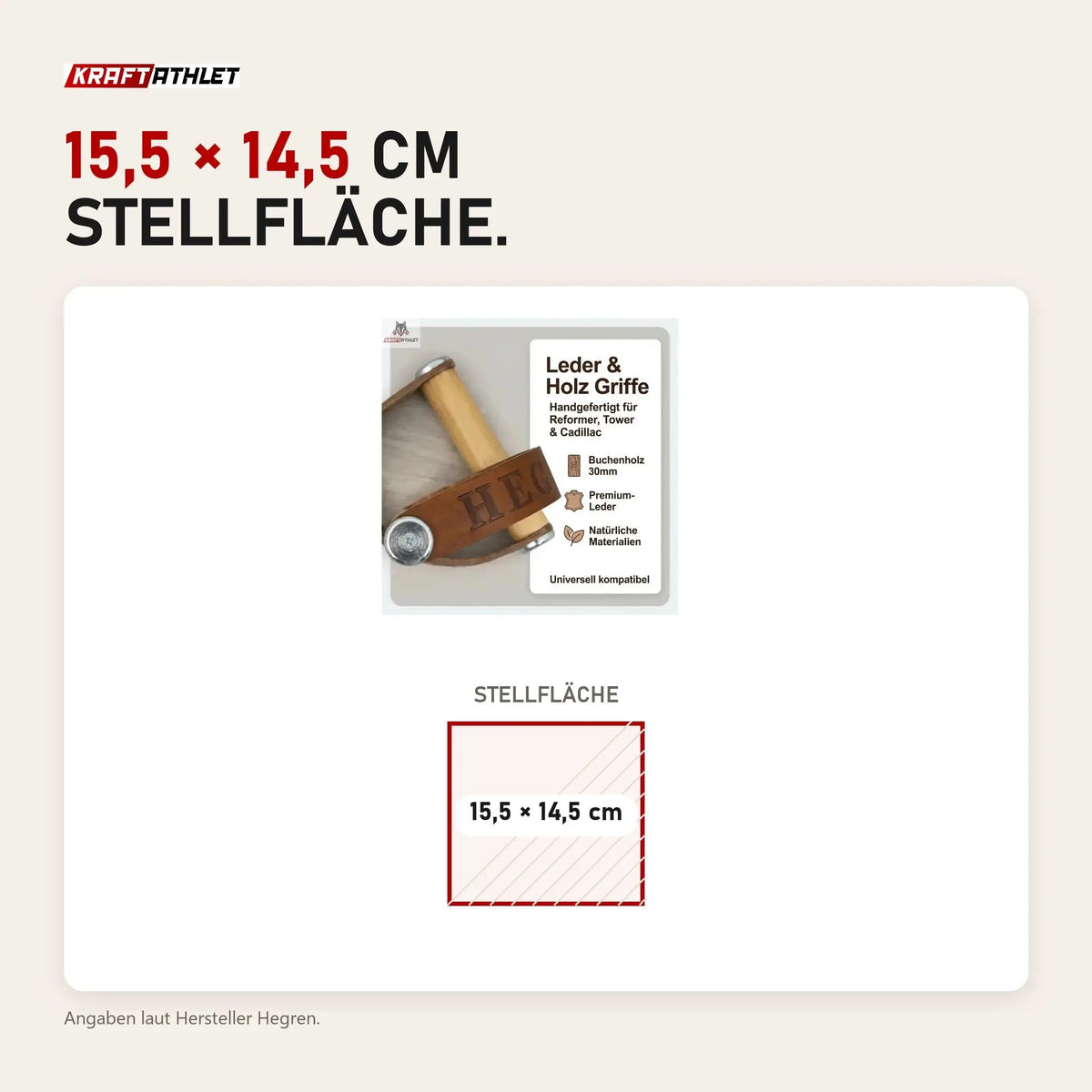 Maßbild Hegren Leder-Holz-Griffe: Stellfläche 15,5 × 14,5 cm
