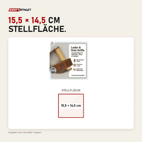 Maßbild Hegren Leder-Holz-Griffe: Stellfläche 15,5 × 14,5 cm