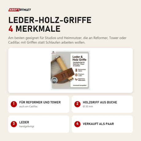 Hegren Leder-Holz-Griffe mit 4 Merkmalen: Für Reformer und Tower, Holzgriff aus Buche, Leder, Verkauft als Paar