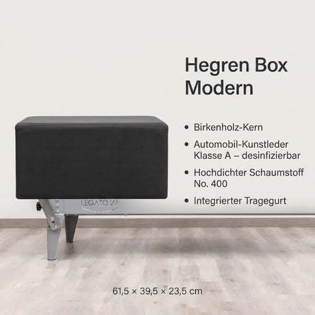 Hegren Pilates Box Modern – Birkenholz-Kern, Automobil-Kunstleder Klasse A, 61,5 × 39,5 × 23,5 cm