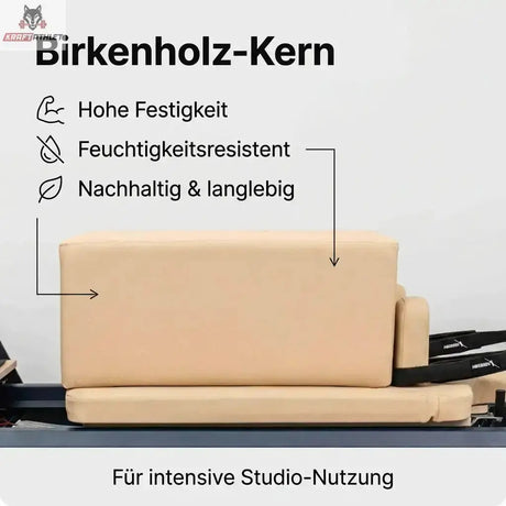Hegren Pilates Box Modern im Detail: Birkenholz-Kern unter der beigen Polsterung