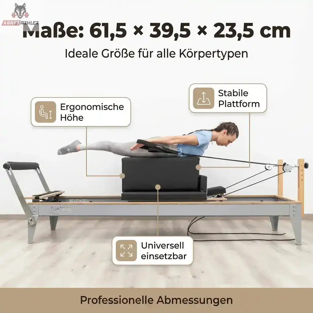 Hegren Pilates Box Modern mit Maßangaben 61,5 × 39,5 × 23,5 cm und Frau in Bauchlage