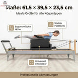 Hegren Pilates Box Modern mit Maßangaben 61,5 × 39,5 × 23,5 cm und Frau in Bauchlage