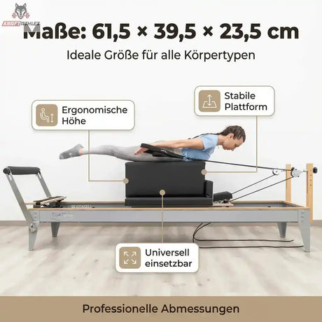 Hegren Pilates Box Modern mit Maßangaben 61,5 × 39,5 × 23,5 cm und Frau in Bauchlage