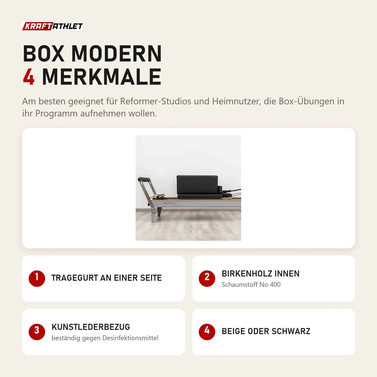 Hegren Pilates Box Modern mit 4 Merkmalen: Tragegurt an einer Seite, Birkenholz innen, Kunstlederbezug, Beige oder Schwarz