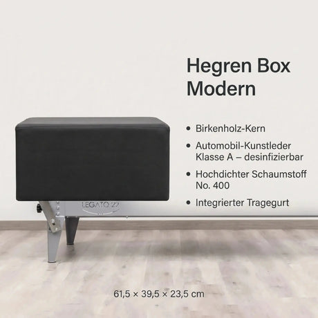 Hegren Pilates Box Modern in Schwarz freigestellt mit Merkmalen und Maßen