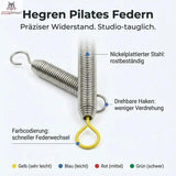 Hegren Pilates-Federn, Infografik mit Detail zu Haken, Stahlfeder und Farbcodierung von Gelb bis Grün