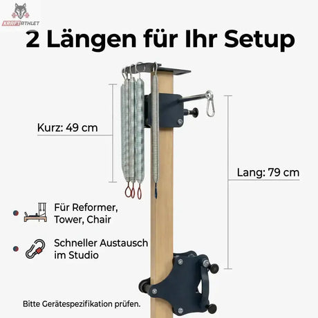 Hegren Pilates-Federn, Infografik mit kurzer und langer Feder an einem Holzgestell und Längenangaben