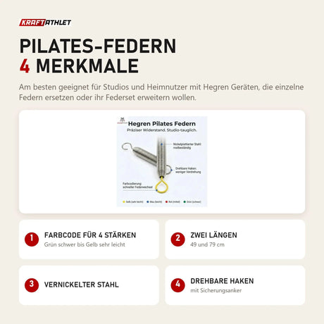 Hegren Pilates-Federn mit 4 Merkmalen: Farbcode für 4 Stärken, Zwei Längen, Vernickelter Stahl, Drehbare Haken