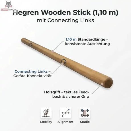 Hegren Pilates Stick 1,10 m mit Verbindungsgliedern, Infografik zu Länge, Verbindungsgliedern und Holzgriff