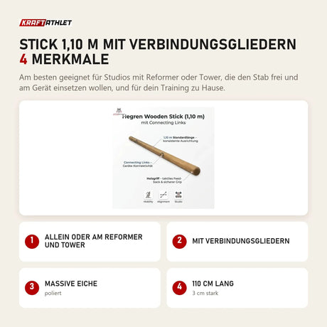 Hegren Pilates Stick 1,10 m mit Verbindungsgliedern mit 4 Merkmalen: Allein oder am Reformer und Tower, Mit Verbindungsgliedern, Massive Eiche, 110 cm lang