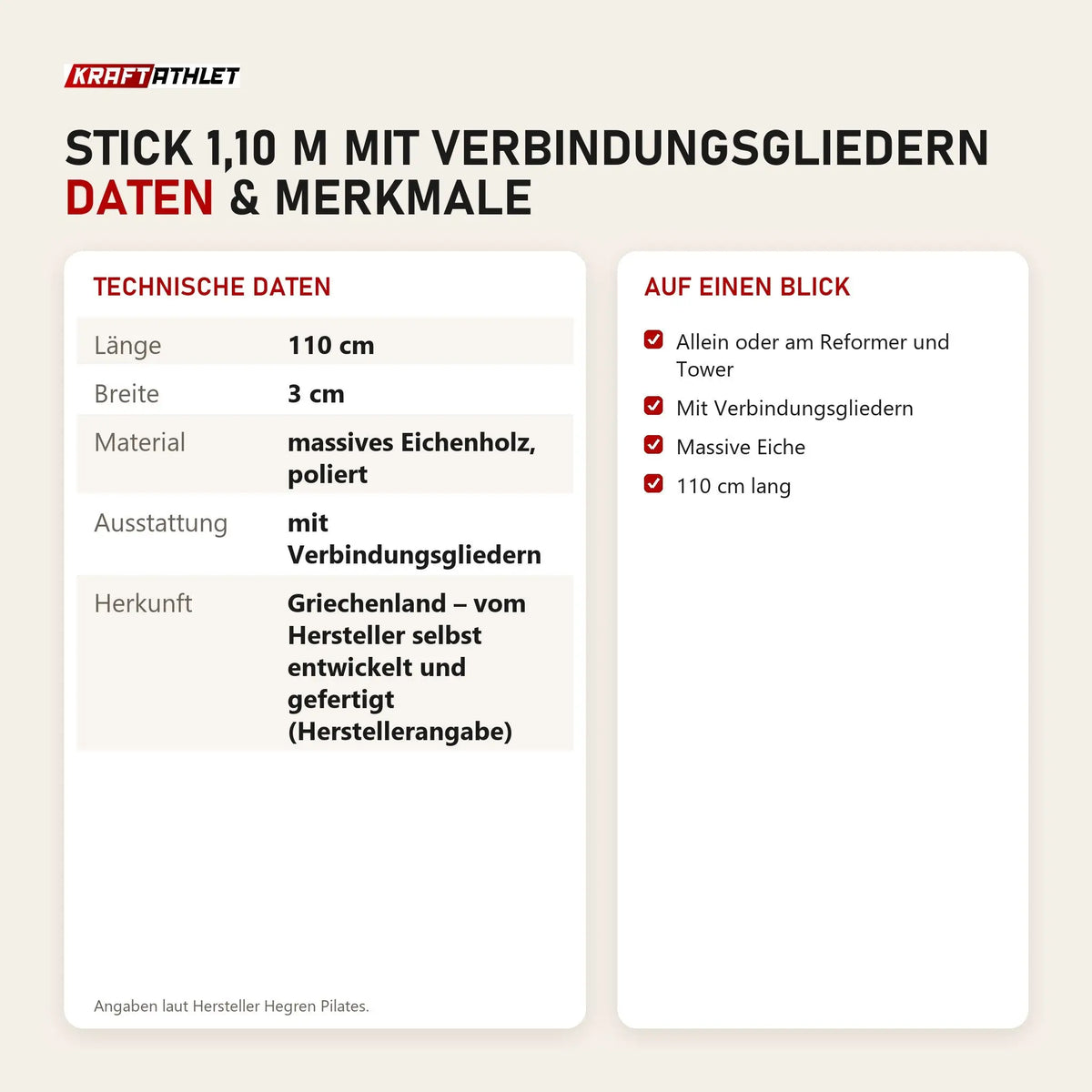 Technische Daten und Merkmale von Hegren Pilates Stick 1,10 m mit Verbindungsgliedern als Tabelle
