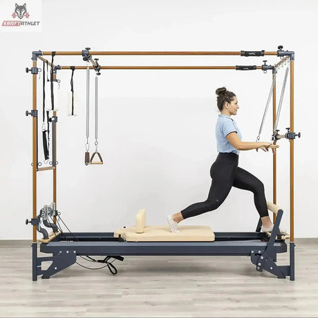 Hegren Pilates Stick 1,10 m mit Verbindungsgliedern, Ausfallschritt-Übung am Cadillac-Reformer