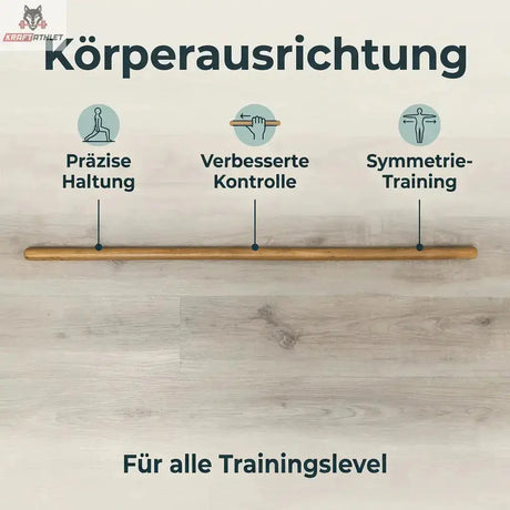 Hegren Pilates Wooden Stick 1,10 m aus Eiche, Infografik zur Haltungsausrichtung mit Stab vor Holzwand
