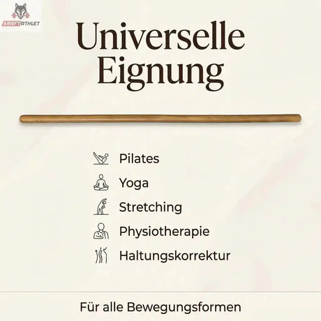 Hegren Pilates Wooden Stick 1,10 m aus Eiche, Infografik mit Einsatzbereichen wie Pilates, Yoga und Stretching