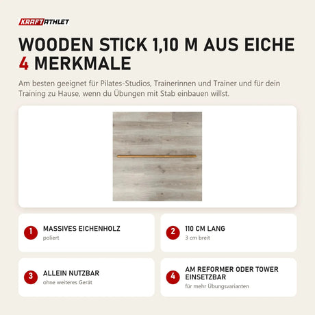 Hegren Pilates Wooden Stick 1,10 m aus Eiche mit 4 Merkmalen: Massives Eichenholz, 110 cm lang, Allein nutzbar, Am Reformer oder Tower einsetzbar