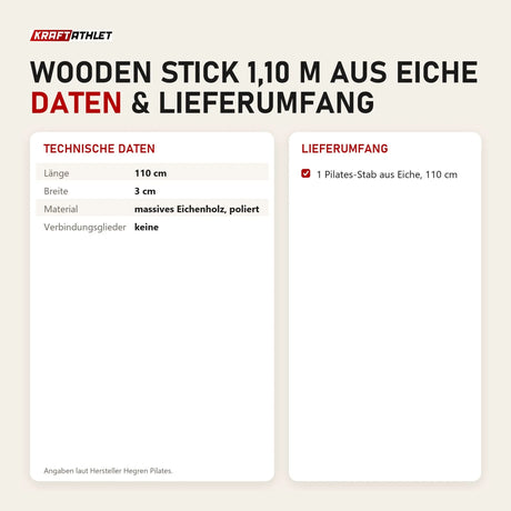 Technische Daten und Lieferumfang von Hegren Pilates Wooden Stick 1,10 m aus Eiche als Tabelle