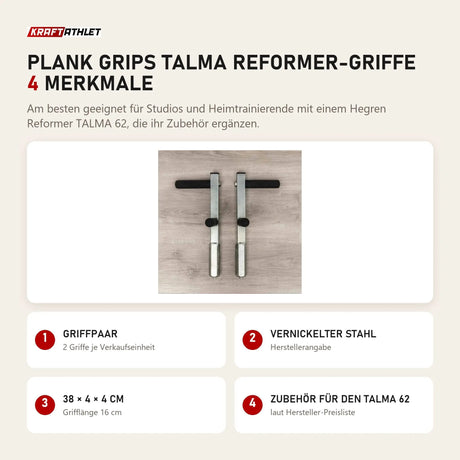 Hegren Plank Grips TALMA Reformer-Griffe mit 4 Merkmalen: Griffpaar, Vernickelter Stahl, 38 × 4 × 4 cm, Zubehör für den TALMA 62