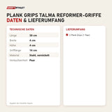 Technische Daten und Lieferumfang von Hegren Plank Grips TALMA Reformer-Griffe als Tabelle