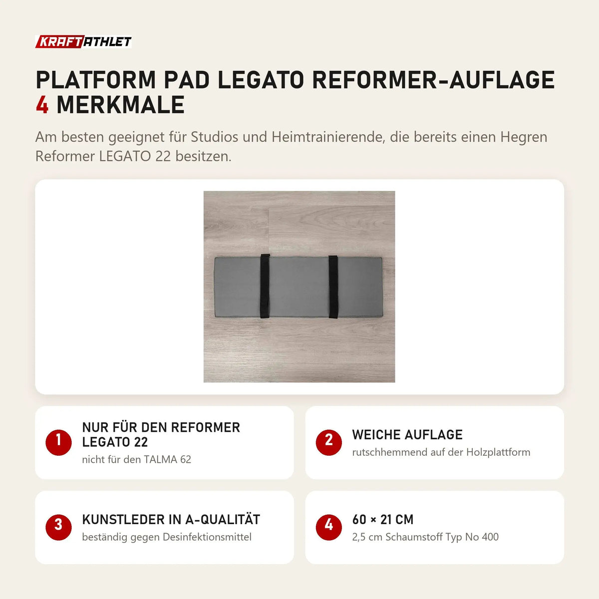Hegren Platform Pad LEGATO Reformer-Auflage mit 4 Merkmalen: Nur für den Reformer LEGATO 22, Weiche Auflage, Kunstleder in A-Qualität, 60 × 21 cm