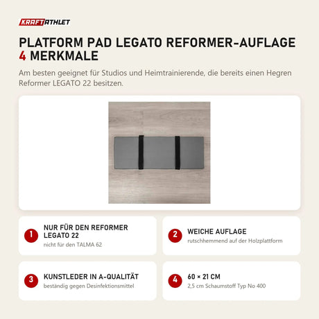 Hegren Platform Pad LEGATO Reformer-Auflage mit 4 Merkmalen: Nur für den Reformer LEGATO 22, Weiche Auflage, Kunstleder in A-Qualität, 60 × 21 cm