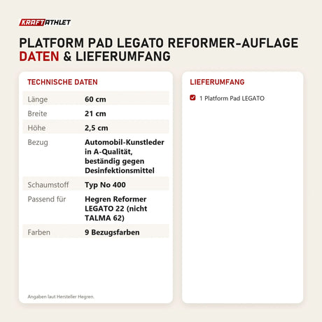 Technische Daten und Lieferumfang von Hegren Platform Pad LEGATO Reformer-Auflage als Tabelle