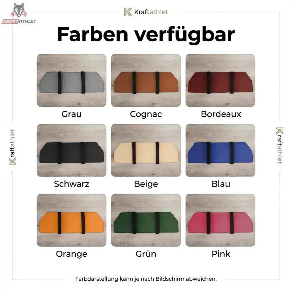 Hegren Platform Pad TALMA Reformer-Auflage, Farbübersicht mit neun verfügbaren Kunstlederfarben