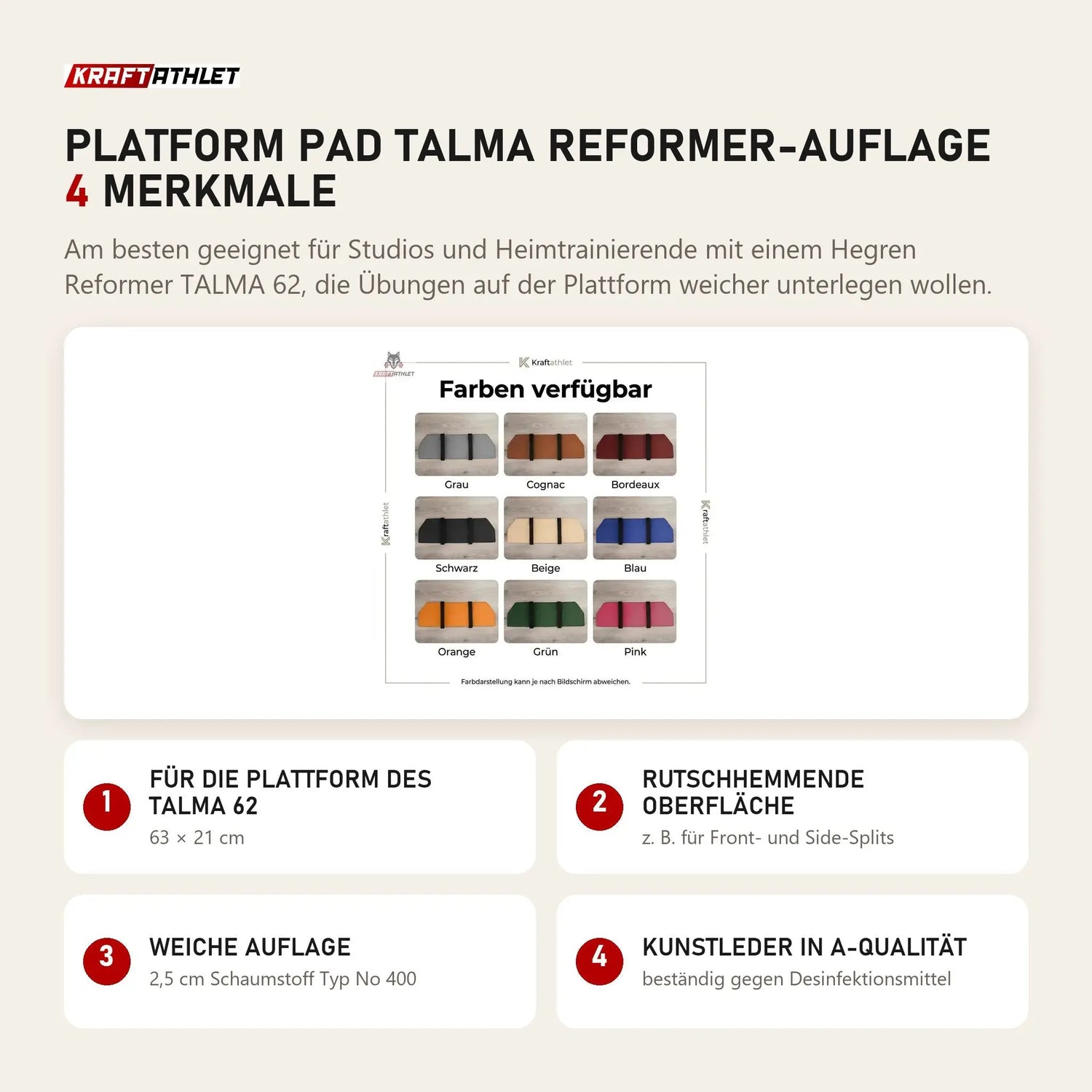 Hegren Platform Pad TALMA Reformer-Auflage mit 4 Merkmalen: Für die Plattform des TALMA 62, Rutschhemmende Oberfläche, Weiche Auflage, Kunstleder in A-Qualität