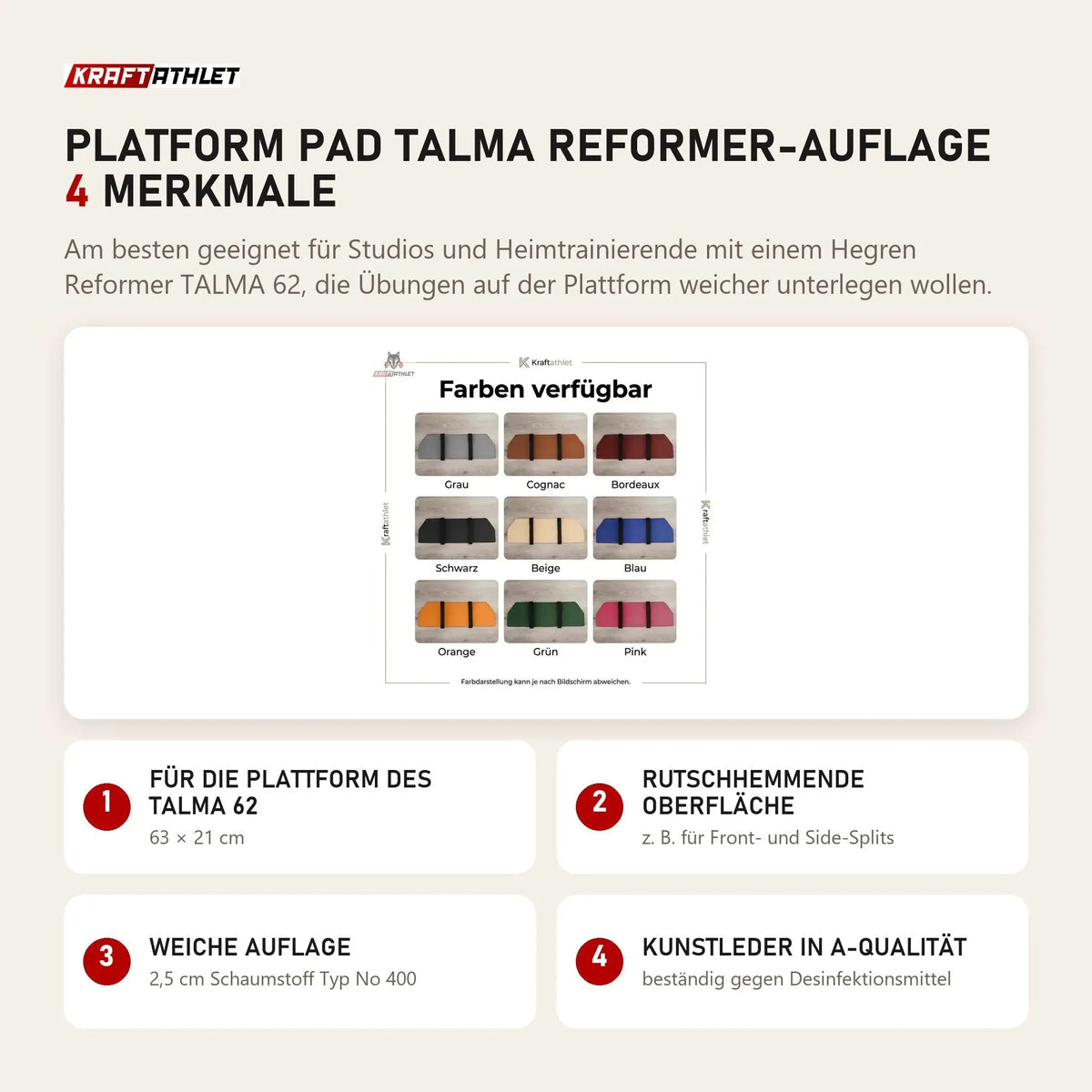 Hegren Platform Pad TALMA Reformer-Auflage mit 4 Merkmalen: Für die Plattform des TALMA 62, Rutschhemmende Oberfläche, Weiche Auflage, Kunstleder in A-Qualität