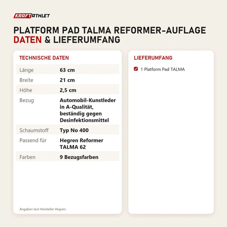 Technische Daten und Lieferumfang von Hegren Platform Pad TALMA Reformer-Auflage als Tabelle
