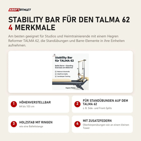 Hegren Stability Bar für den TALMA 62 mit 4 Merkmalen: Höhenverstellbar, Für Standübungen auf dem TALMA 62, Holzstab mit Ringen, Mit Zusatzfedern