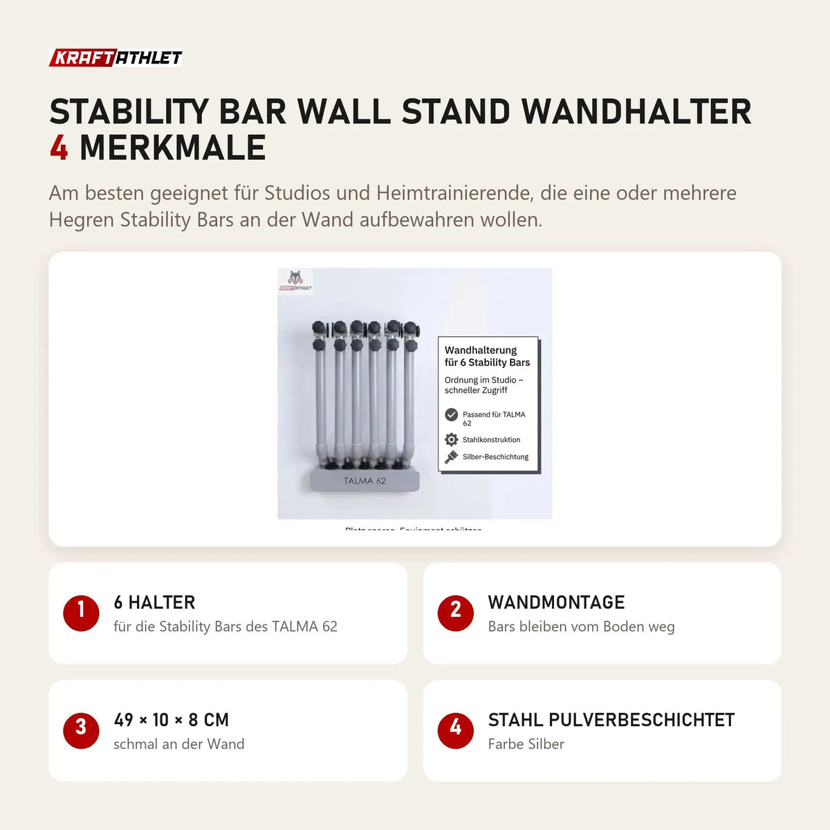 Hegren Stability Bar Wall Stand Wandhalter mit 4 Merkmalen: 6 Halter, Wandmontage, 49 × 10 × 8 cm, Stahl pulverbeschichtet