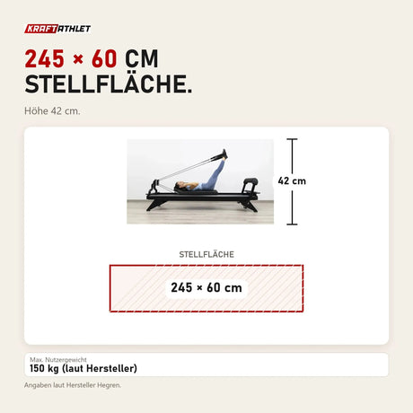Maßbild Hegren TALMA 62 Black Elegance Reformer: Stellfläche 245 × 60 cm, Höhe 42 cm