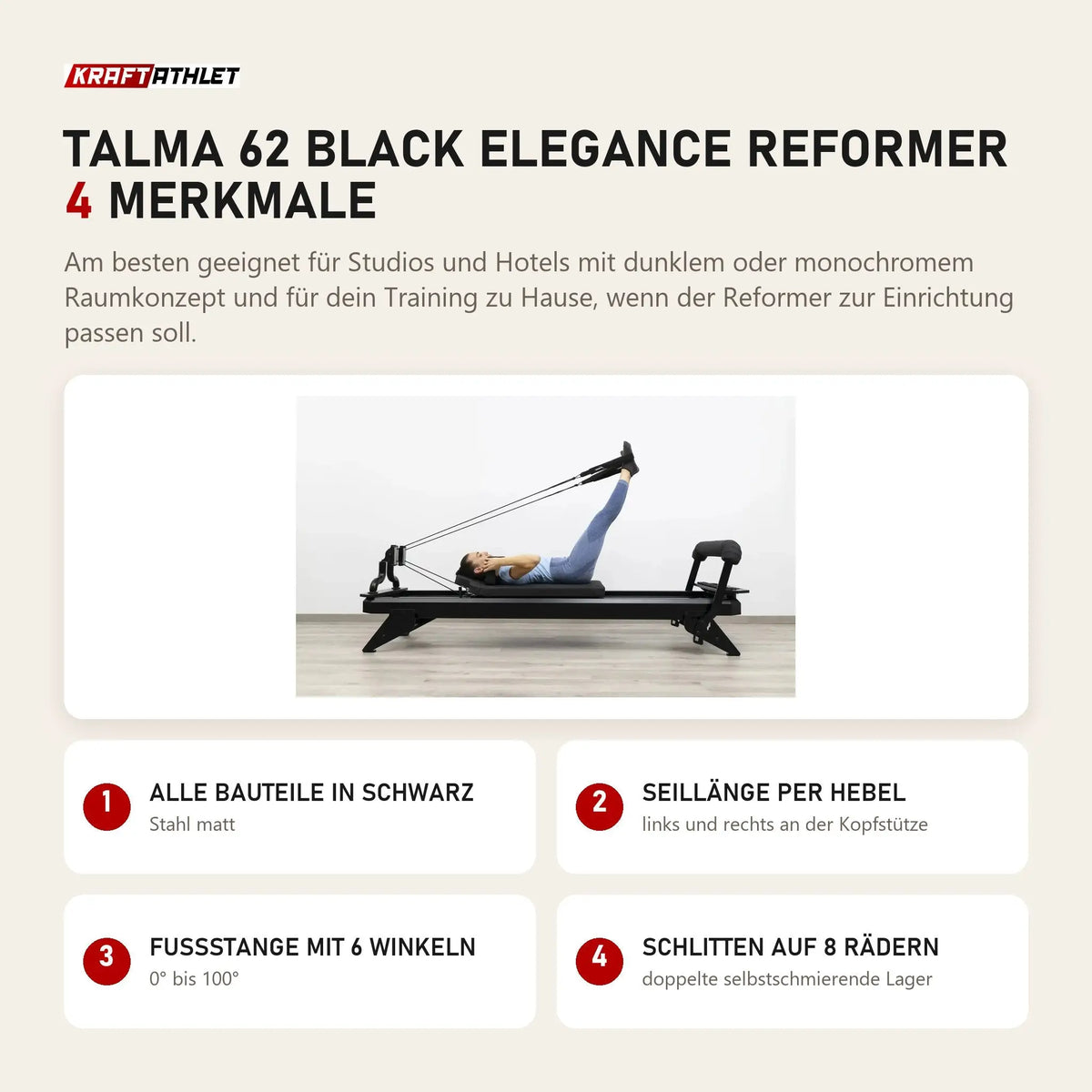 Hegren TALMA 62 Black Elegance Reformer mit 4 Merkmalen: Alle Bauteile in Schwarz, Seillänge per Hebel, Fußstange mit 6 Winkeln, Schlitten auf 8 Rädern