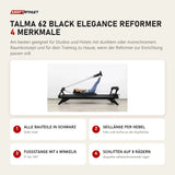 Hegren TALMA 62 Black Elegance Reformer mit 4 Merkmalen: Alle Bauteile in Schwarz, Seillänge per Hebel, Fußstange mit 6 Winkeln, Schlitten auf 8 Rädern