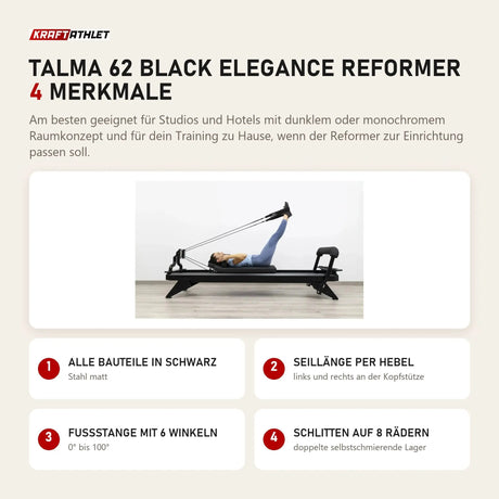 Hegren TALMA 62 Black Elegance Reformer mit 4 Merkmalen: Alle Bauteile in Schwarz, Seillänge per Hebel, Fußstange mit 6 Winkeln, Schlitten auf 8 Rädern