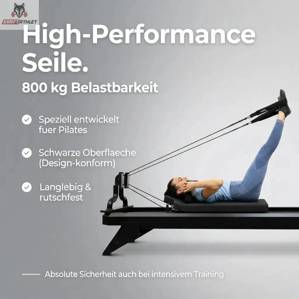 Hegren TALMA 62 Black Elegance Reformer mit Frau in Rückenlage und Hinweis auf die Seile