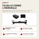 Hegren TALMA 62 Combo mit 4 Merkmalen: Reformer mit Box und Jumpboard, Seillänge per Hebel, Fußstange mit 6 Winkeln, Schlitten auf 8 Rädern