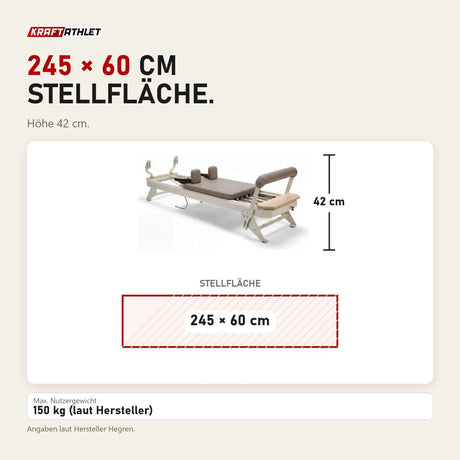 Maßbild Hegren TALMA 62 Reformer mit Box und Jumpboard: Stellfläche 245 × 60 cm, Höhe 42 cm