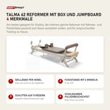 Hegren TALMA 62 Reformer mit Box und Jumpboard mit 4 Merkmalen: Seillänge per Hebel, Fußstange mit 6 Winkeln, Schlitten auf 8 Rädern, Stahlrahmen pulverbeschichtet