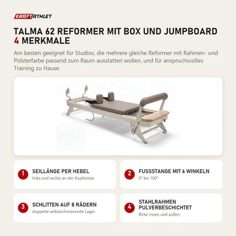 Hegren TALMA 62 Reformer mit Box und Jumpboard mit 4 Merkmalen: Seillänge per Hebel, Fußstange mit 6 Winkeln, Schlitten auf 8 Rädern, Stahlrahmen pulverbeschichtet